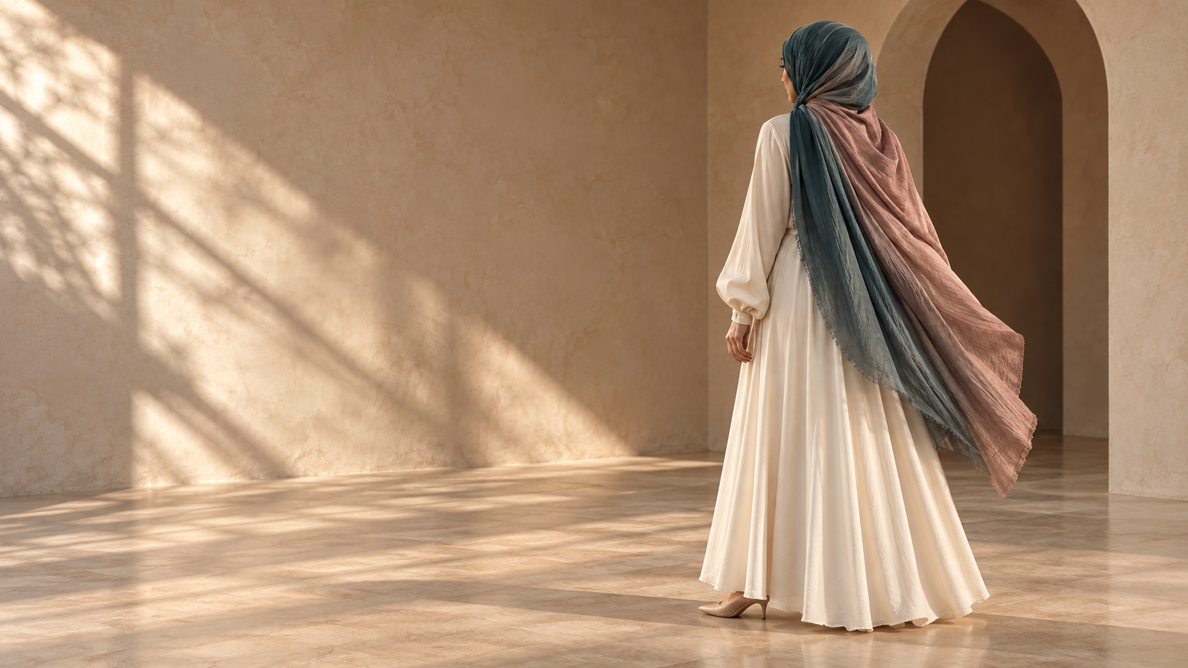 Full-length woman wearing a flowing SITR-inspired modal veil in a warm studio