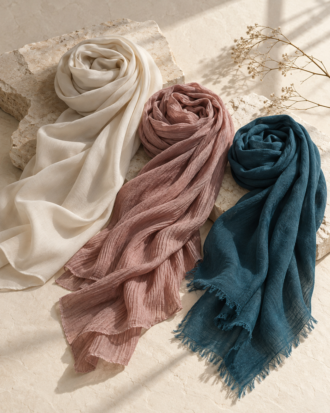 Plain, crinkle, and Thai modal veil textures arranged together
